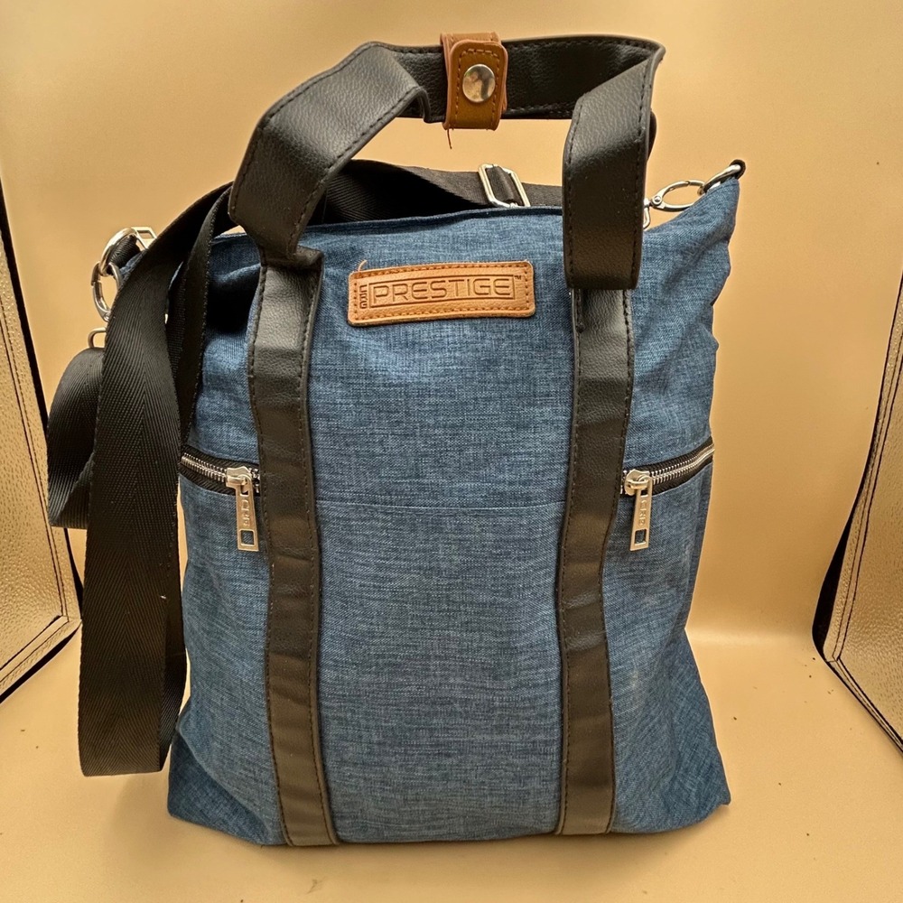 Prestige Blue Denim Look Tote Bag Crossbody Faux Leather Trim Silver Hardware